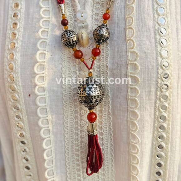 Vintage Style Tassel Necklace with Ornate Metal Beads, Statement Tribal Pendant - Picture 4 of 13